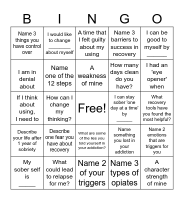 Recovery Bingo Card