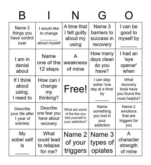 Recovery Bingo Card