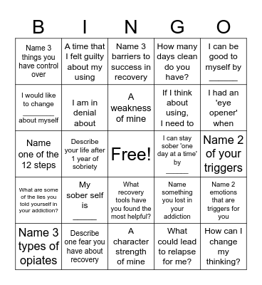 Recovery Bingo Card