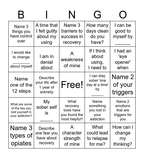 Recovery Bingo Card