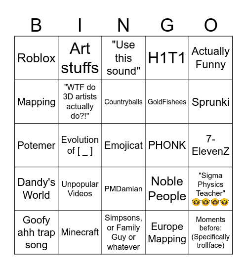 Shorts Bingo Card