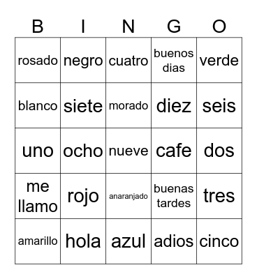 Spanish Colors, Numbers and Greetings Bingo Card