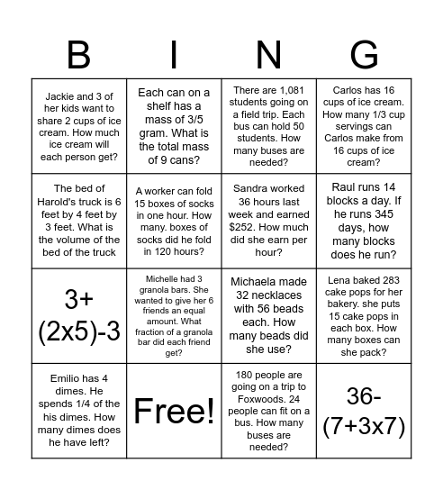 Winter Break Math BINGO Challenge Bingo Card