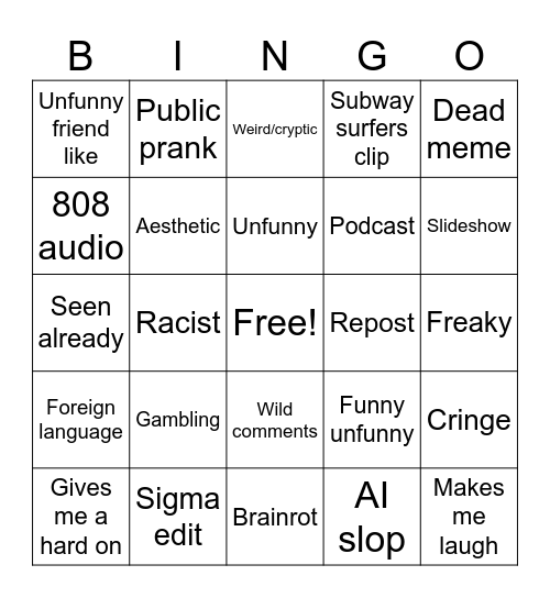 Instagram reels bingo Card