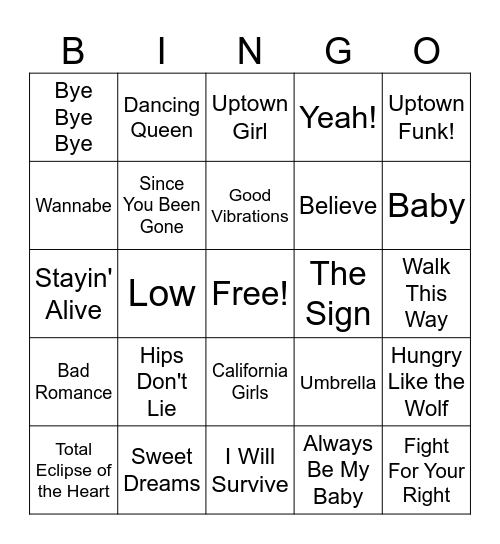 Pop Songs Bingo Card