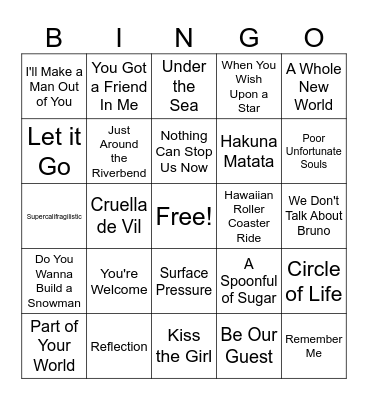 Disney Songs Bingo Card