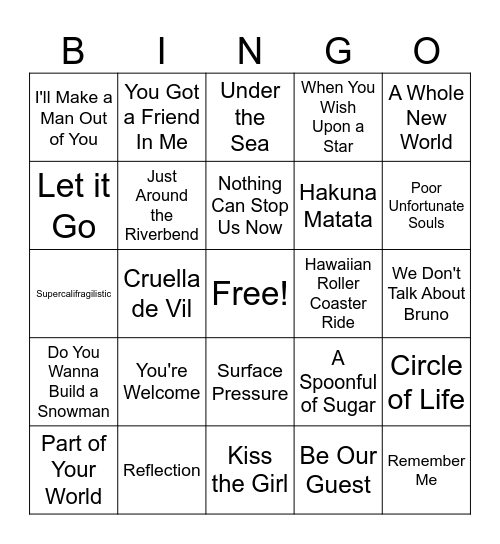 Disney Songs Bingo Card