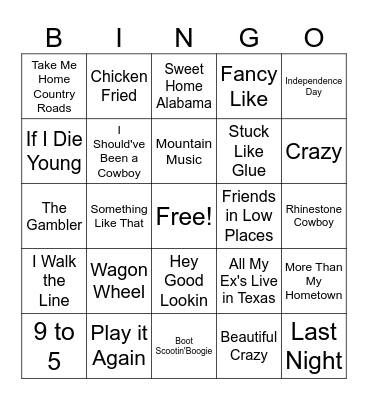 Country Songs Bingo Card