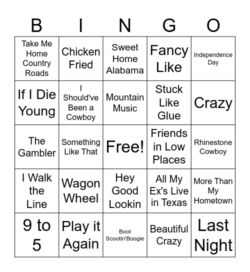 Country Songs Bingo Card