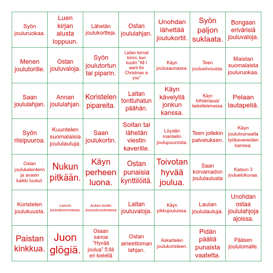 PELATAAN! JOULUBINGO (Positiivinen imperfekti) Bingo Card