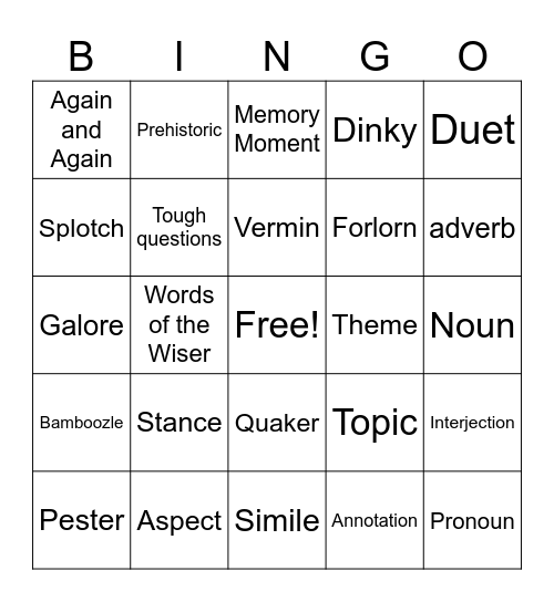 6th Grade Bingo Card