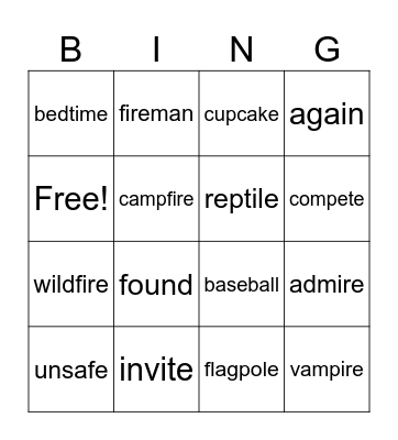 Two Syllable Word Bingo Card