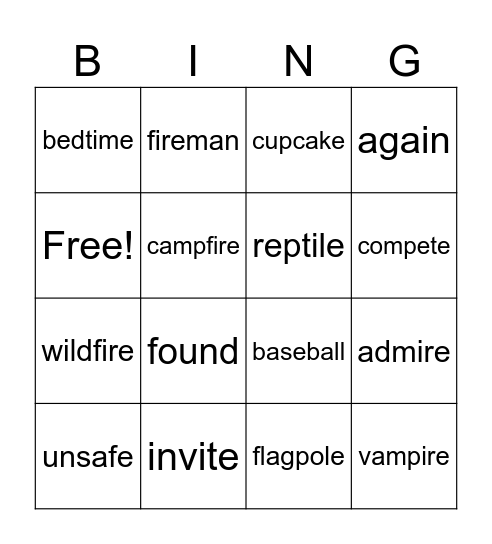 Two Syllable Word Bingo Card