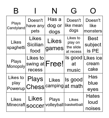 Friends' Interests Bingo Card