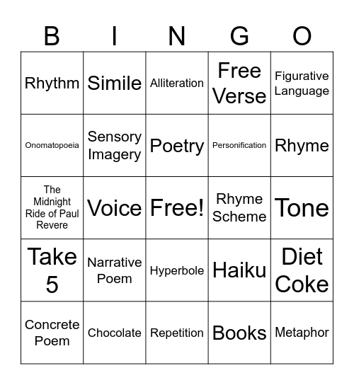 Poetry Bingo Card