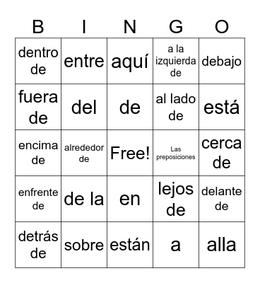 Las preposiciones Bingo Card