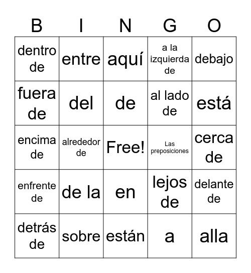 Las preposiciones Bingo Card