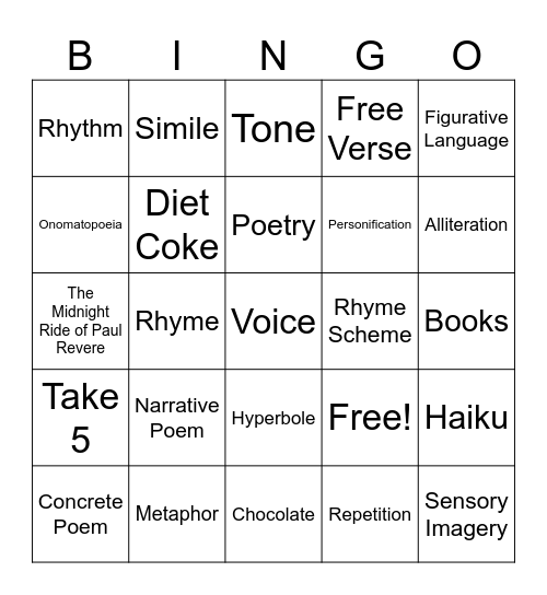 Poetry Bingo Card