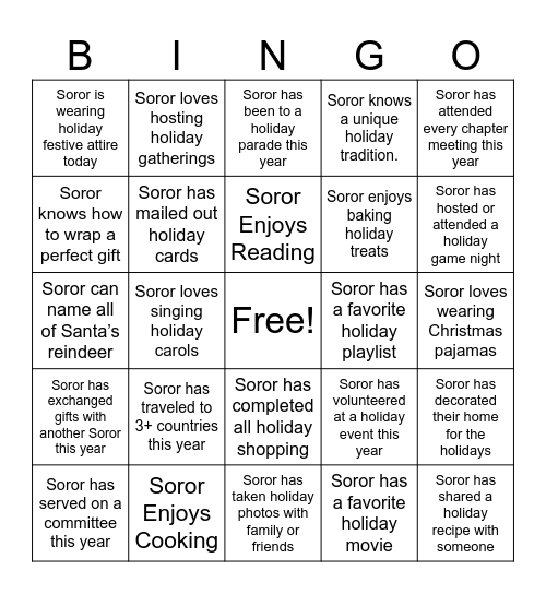 Sisterhood Holiday Bingo Card