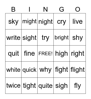 Short I, Long I, IGH Words, and Y sound like I Words Bingo Card