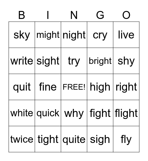Short I, Long I, IGH Words, and Y sound like I Words Bingo Card