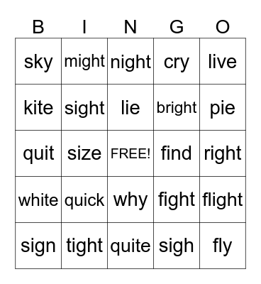 Short I, Long I, IGH Words, and Y sound like I Words Bingo Card