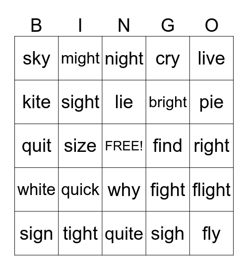 Short I, Long I, IGH Words, and Y sound like I Words Bingo Card