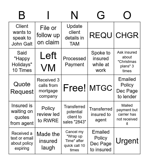 JGI Service Bingo Card