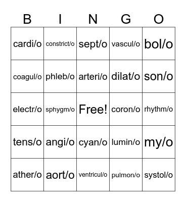 Cardiovascular System Root Words Bingo Card