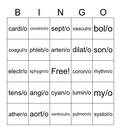 Cardiovascular System Root Words Bingo Card