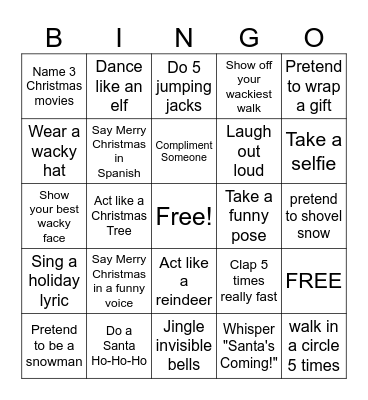 Christmas Action Bingo Card