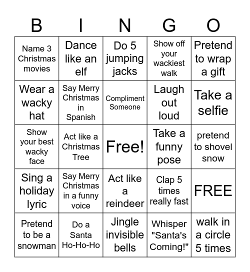 Christmas Action Bingo Card