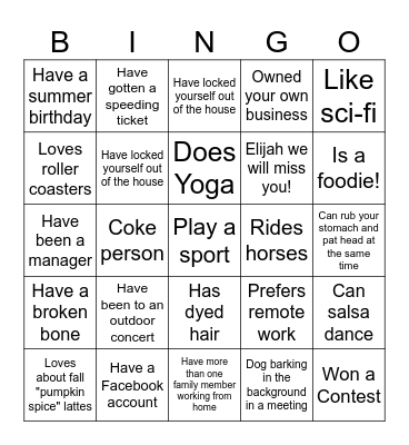 End of Year Celebration BINGO Card