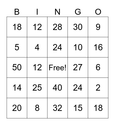 Multiplication Bingo Card