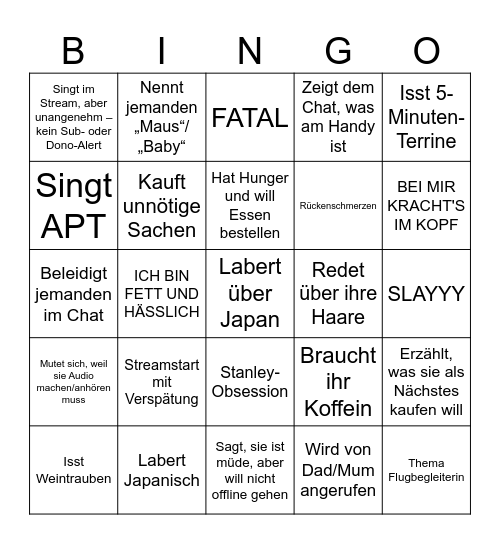 Mina Bingo Card