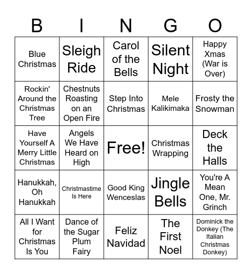 Christmas Song Bingo Card