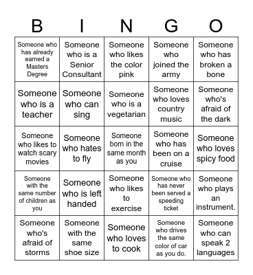 Scavenger Hunt-Getting to Know You Bingo Card