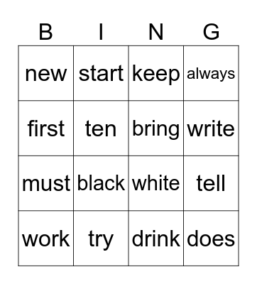 List 8 Bingo Card