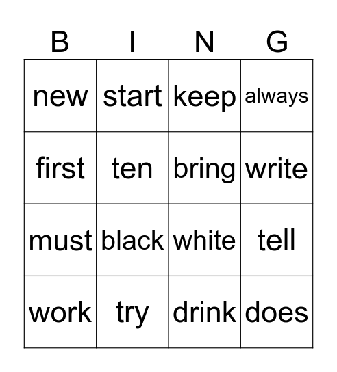 List 8 Bingo Card