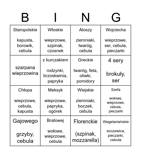 Pierogi! Bingo Card