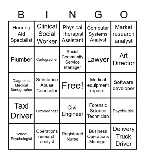 100 Best Jobs Bingo Card