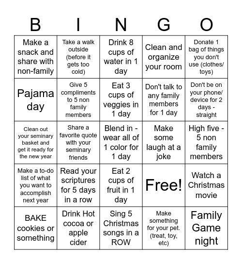 Winter Break BINGO Card