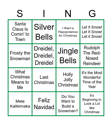 Holiday Song Bingo Card