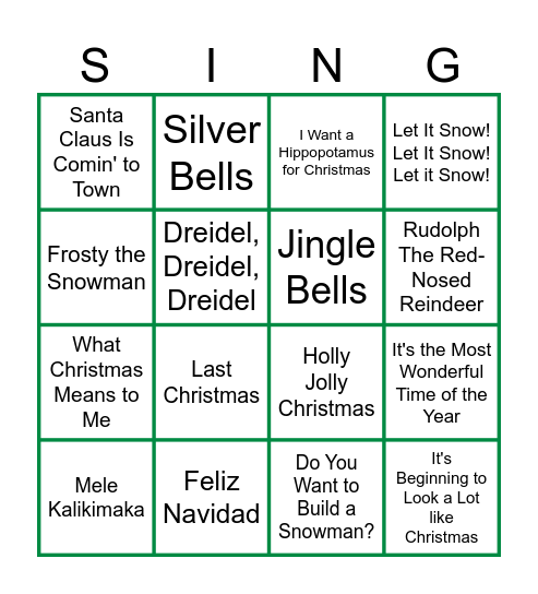 Holiday Song Bingo Card