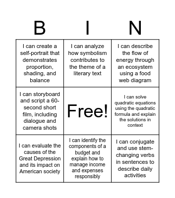 Learning Target Bingo Card