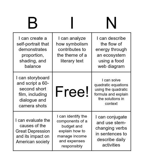 Learning Target Bingo Card