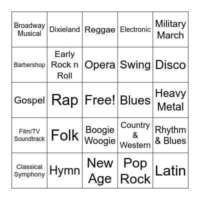 Music Styles Bingo Card