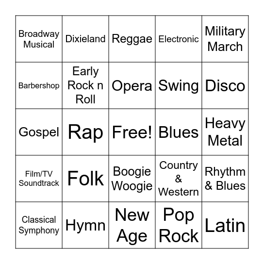 Music Styles Bingo Card