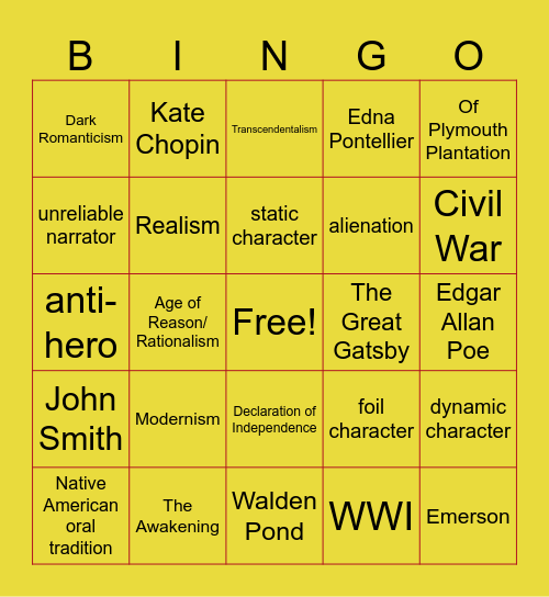 English 3 Final Exam Review Bingo Card