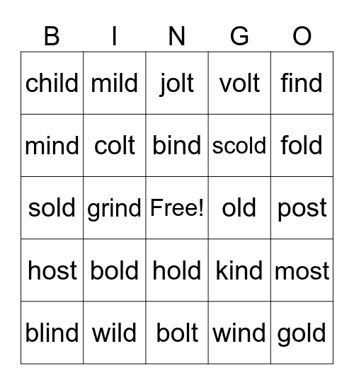 Closed Syllable Exception Bingo Card